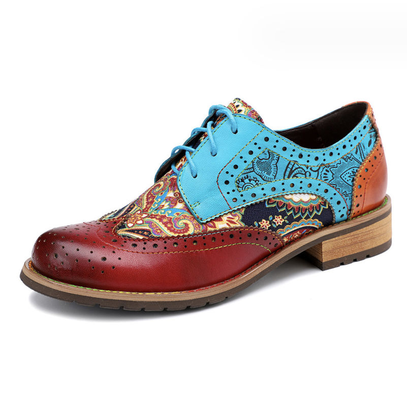 สไตล์อังกฤษ ผู้หญิง Brogue รองเท้า Oxford รองเท้าหลายสี ผู้หญิงหนัง รองเท้า Derby